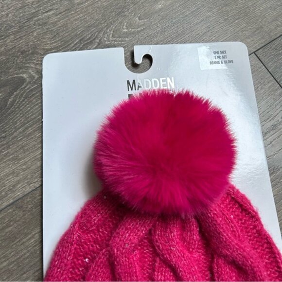 Steve Madden Women's Cable Knit Pom Pom Beanie Faux Fur Toque Hat Pink - Picture 5 of 6
